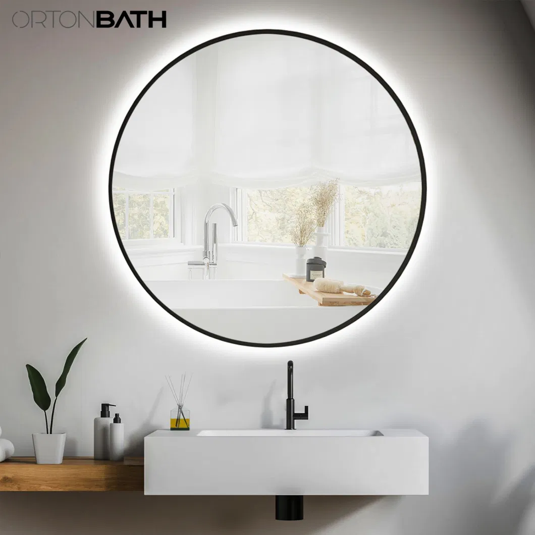 Ortonbath Round Circle Black Framed LED Bathroom Vanity Mirror, 3 Colors Light Dimmable, Makeup Mirror with Anti-Fog Touch Switch (Front-lit&Backlit)